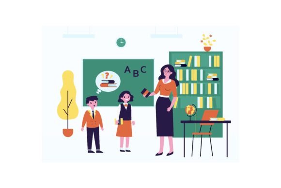 Cartoon Teacher and Pupils at Class Flat: A Strategic Visual Tool for Education and Branding