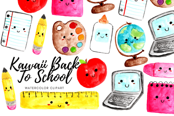 Kawaii Watercolor School Clipart